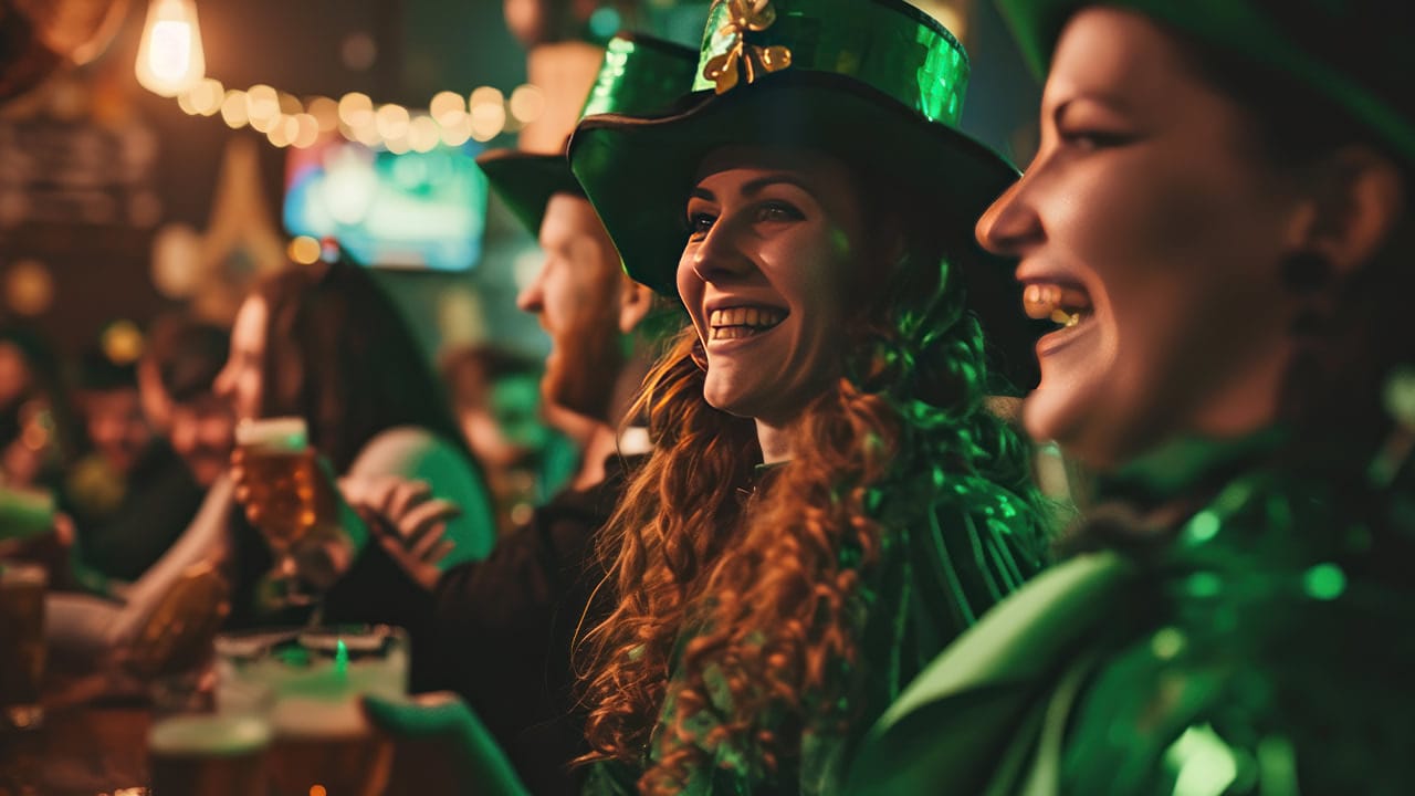 St Patrick's Day pub patrons dressed in leprechaun costumes drinking beer.