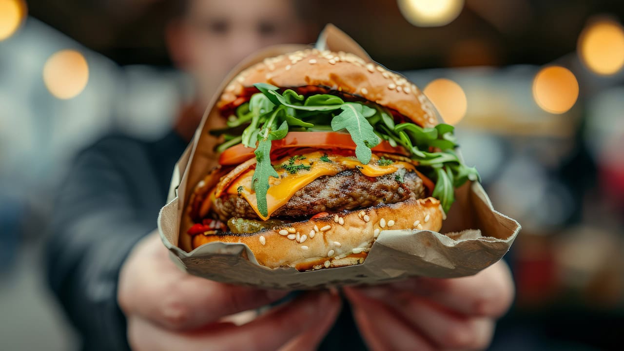 Street food vendor holding a freshly made cheeseburger with tomatoes and lettuce. Image produced by More Jersey.