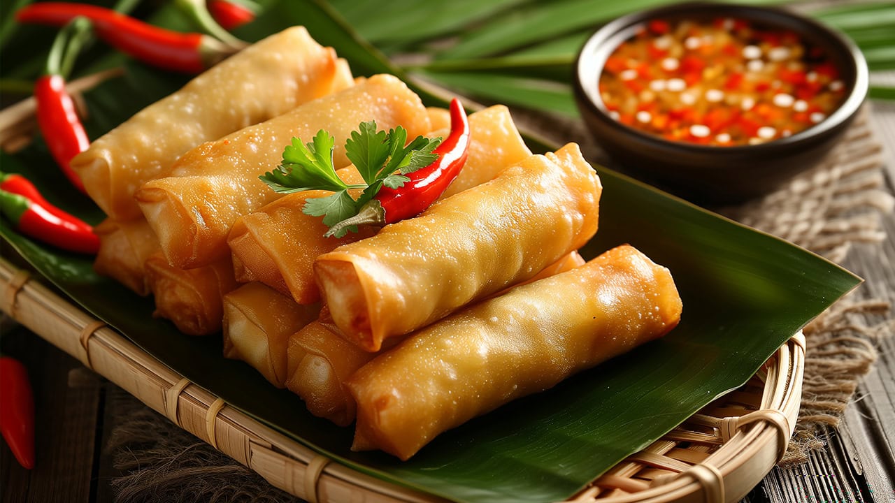 Tasty Spring rolls with red chili peppers.