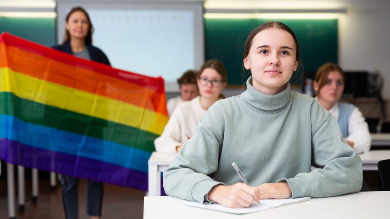 Teacher explaining the meaning of LGBT flag to students in school.