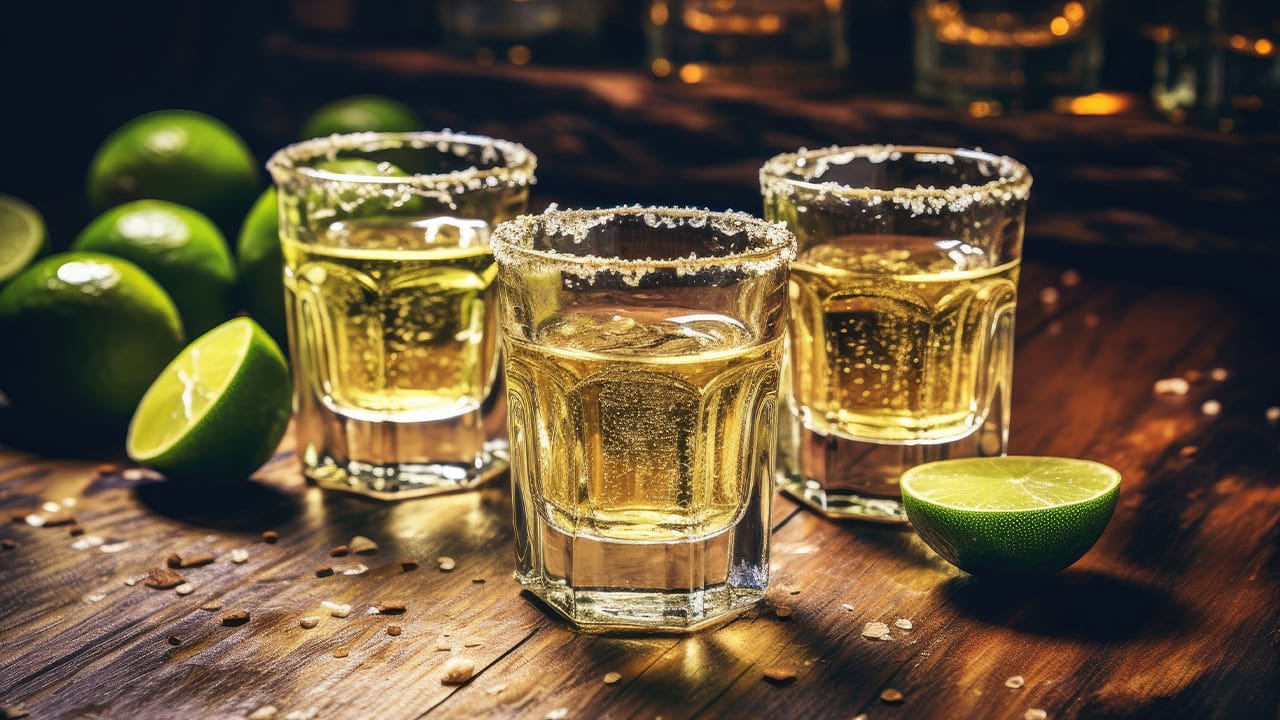 Tequila served in shot glasses with lime and salt. Image produced by More Jersey.