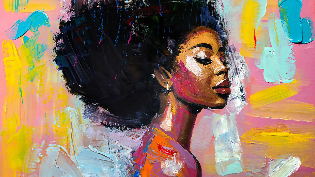 Thick brushstroke styled portrait painting of a beautiful black woman for New Jersey Black History Month.