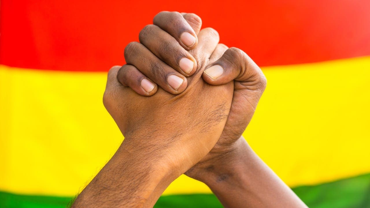 Two African-American hands joined together clasped, representing Black unity.