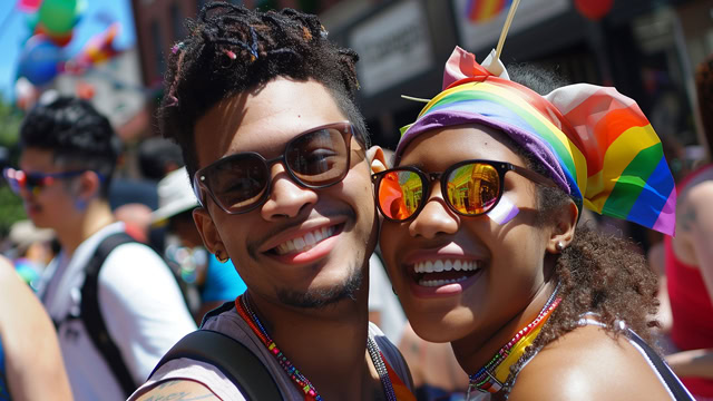 Two African American residents enjoying a New Jersey LGBTQ+ pride parade.