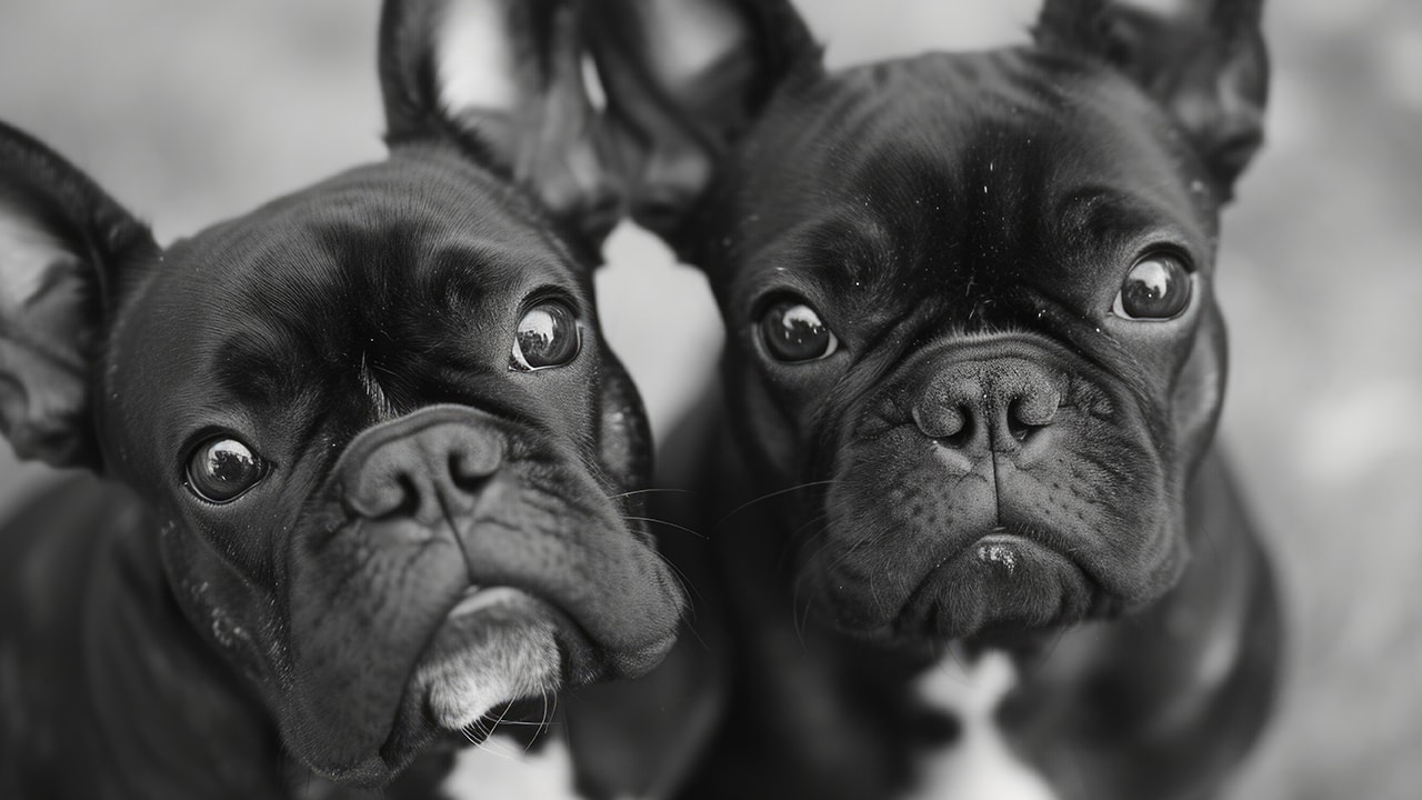 Two black Chug breed dogs posing for pet portrait.