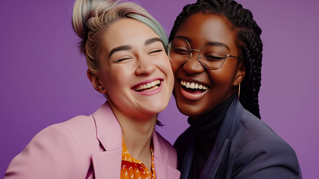 Two interracial businesswomen smiling into front of a purple color background.