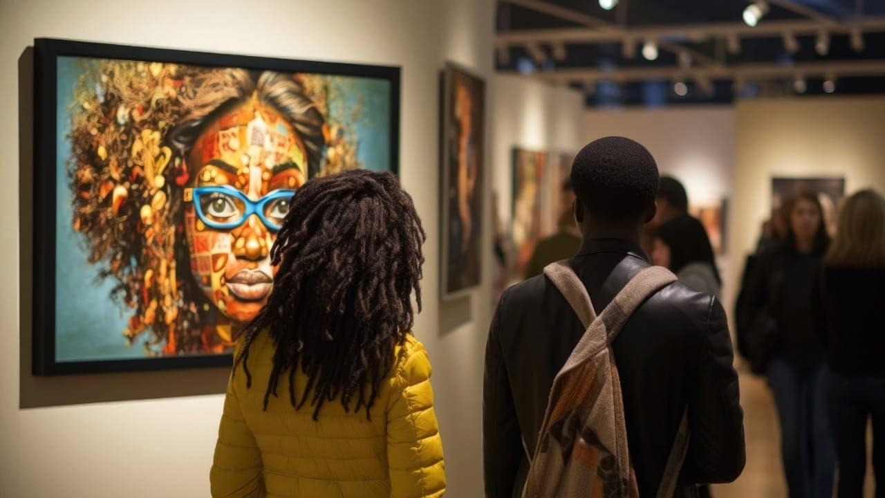Two young adults viewing modern African American painting exhibit at New Jersey museum.