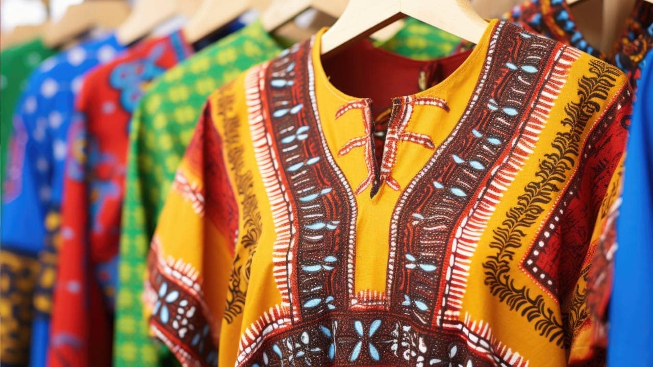Variety of African dashikis on hangers.