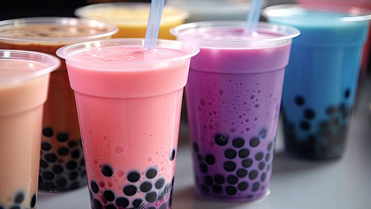 Various flavors and colors of bubble tea.