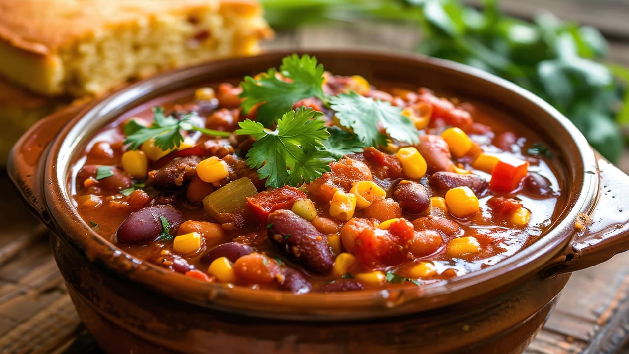 Vegetable chili topped with cilantro in pot served with cornbread. Image produced by More Jersey.