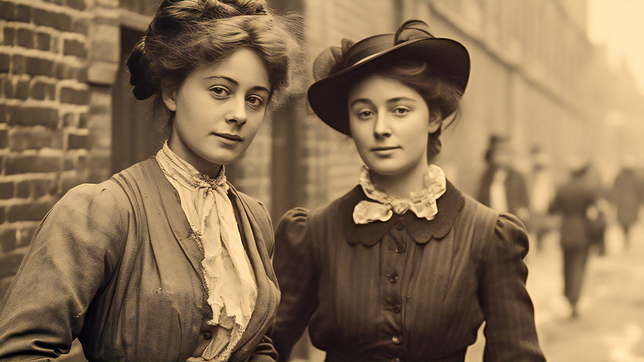 Vintage black-and-white photo of two young women from 1900s.