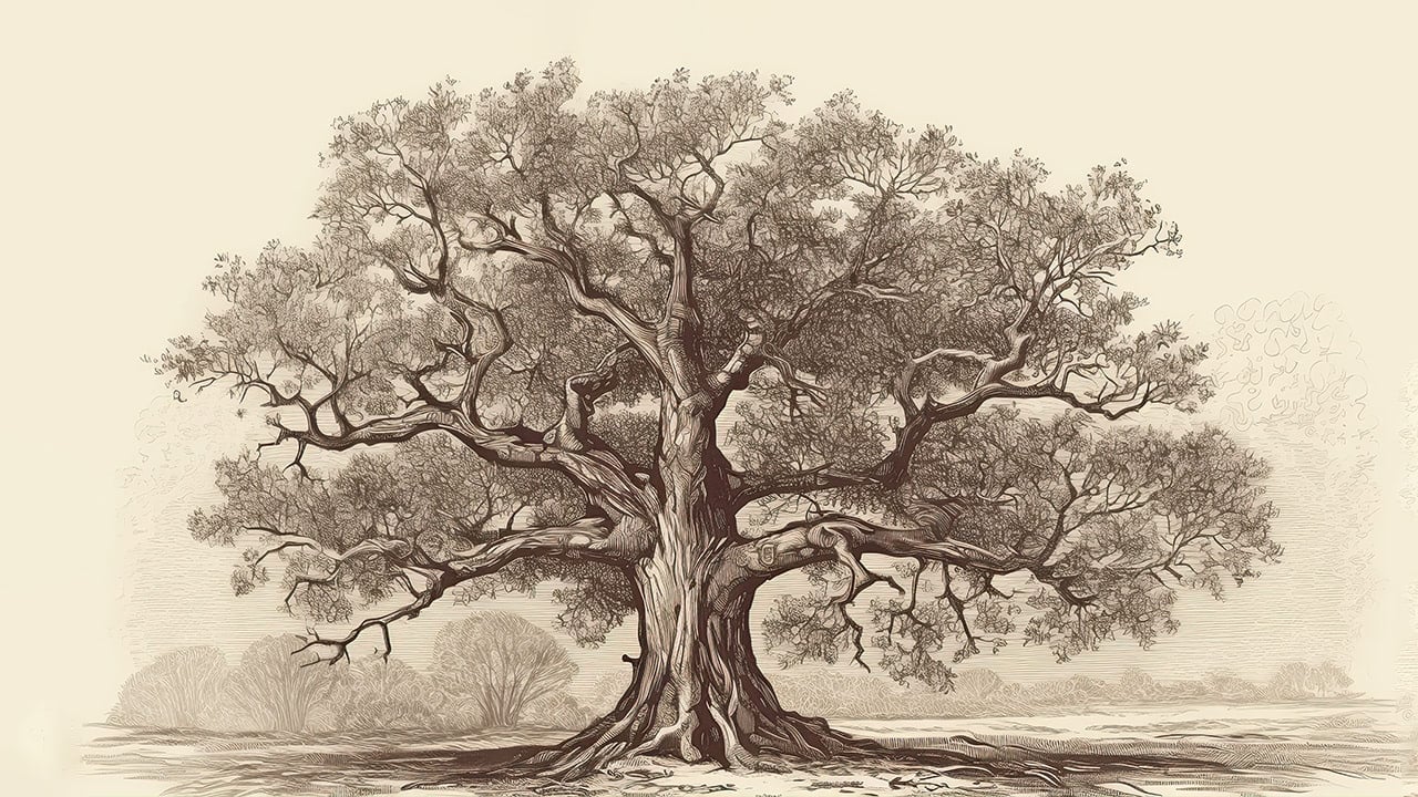 Vintage hand drawn illustration of an oak tree representing a family tree.