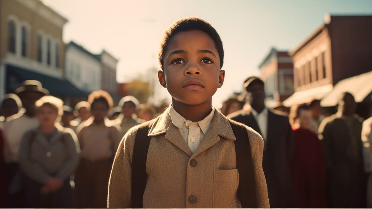 Vintage photo of young African-American male child standing with community in support of civil rights.
