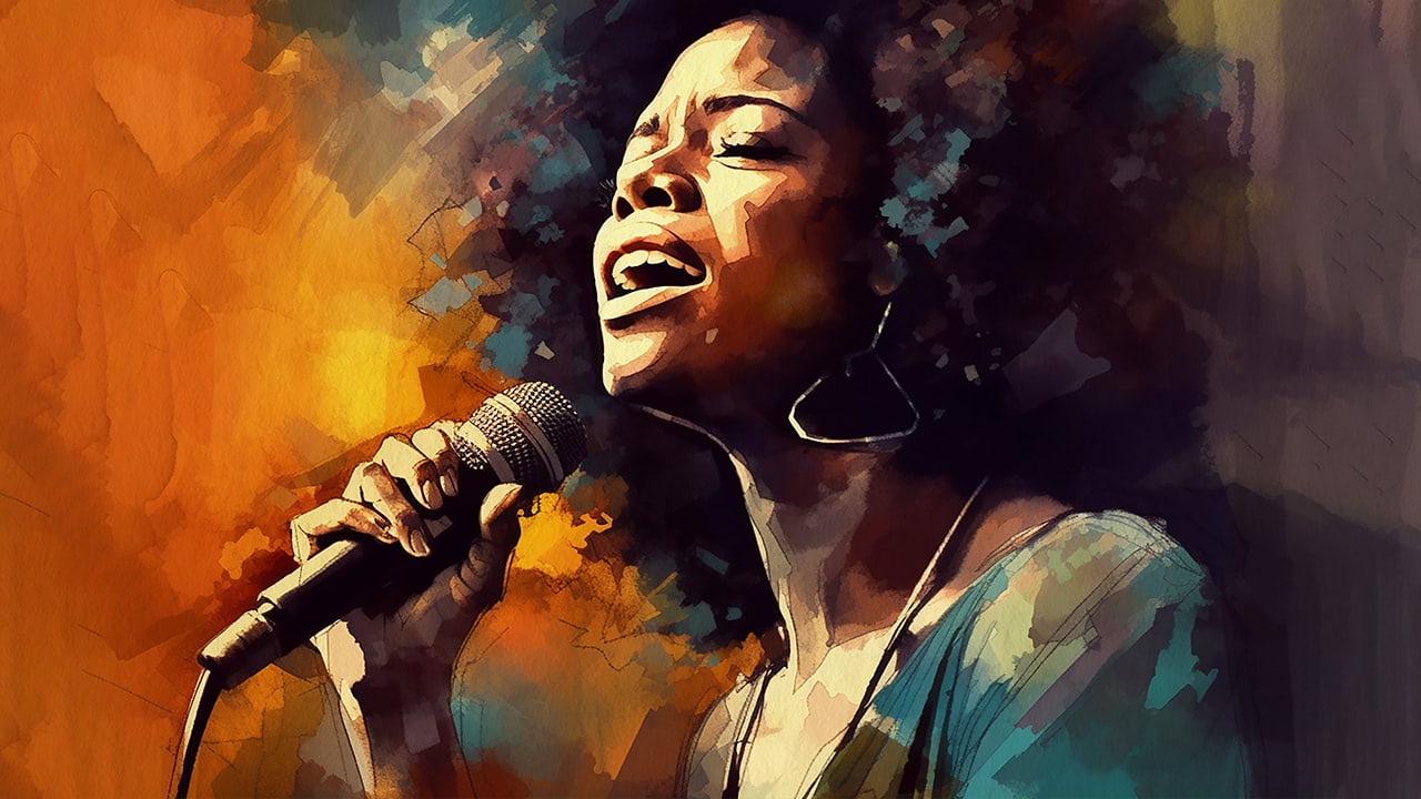 Watercolor painting of an African American woman singing into a microphone.