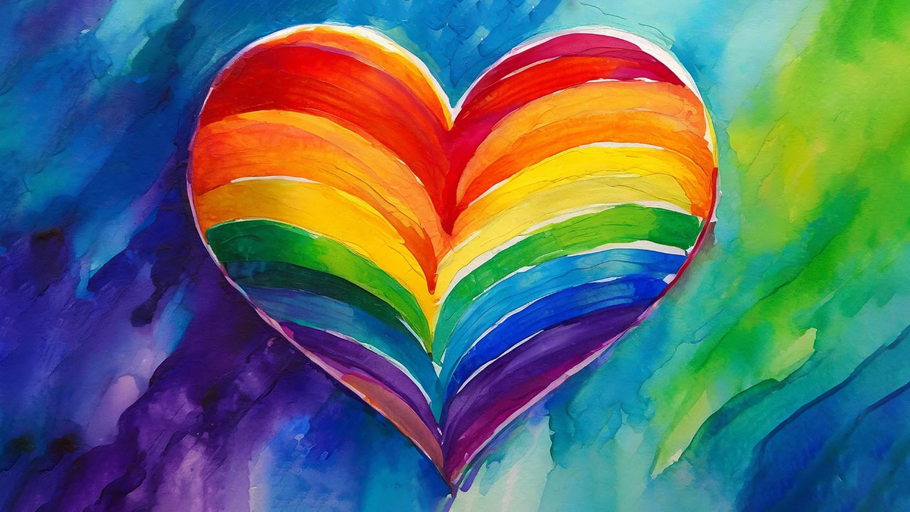 Watercolor painting of LGBT heart in rainbow colors.