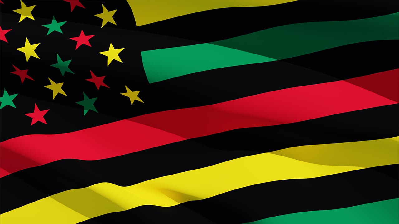 Waving African American Juneteenth flag.