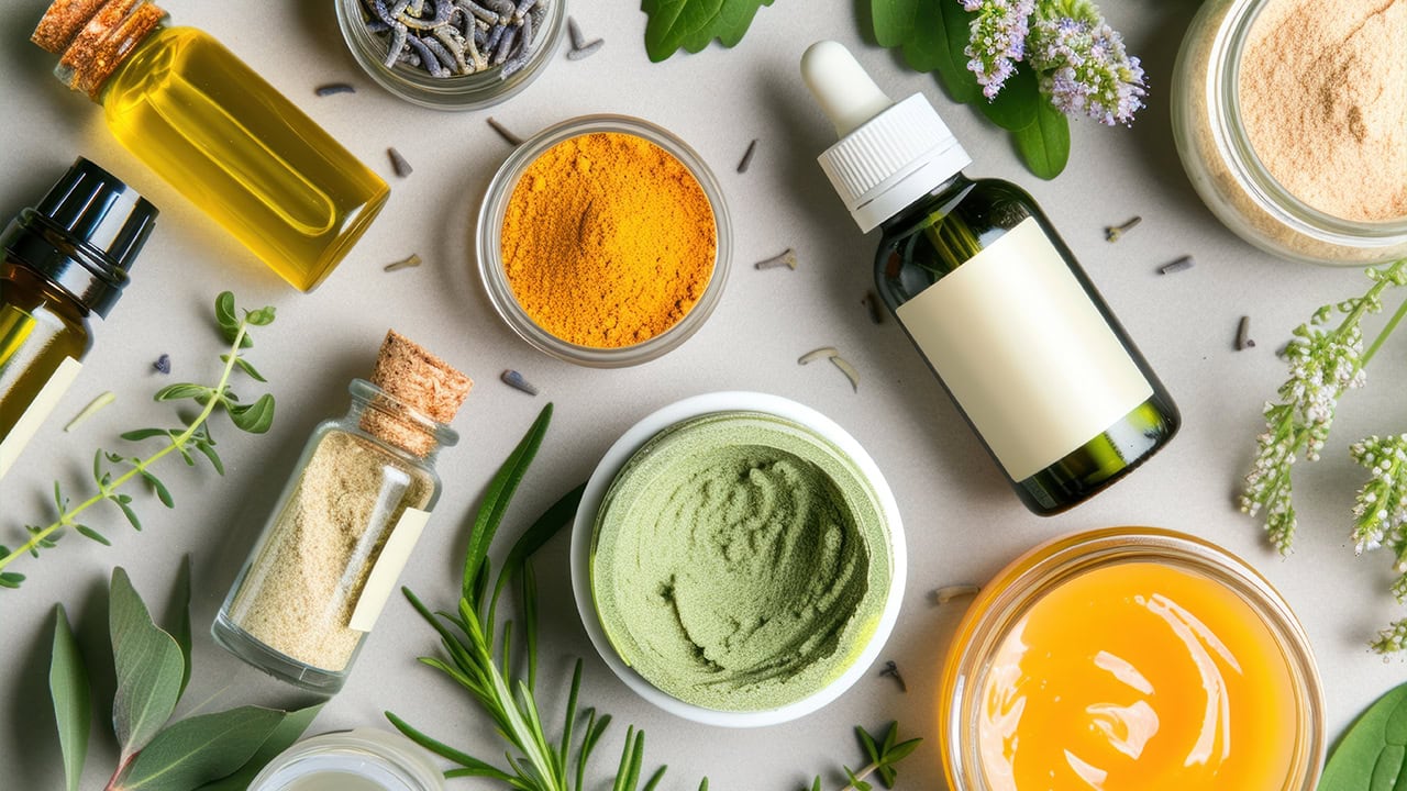 Wellness and beauty products including natural organic oil, face creams, and bottles with herbal cosmetics. Image produced by More Jersey.