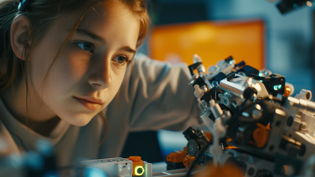 White girl observing a robot in robotics club.