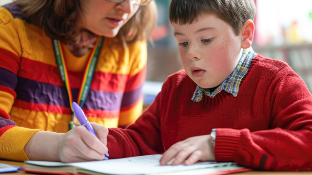 White teacher assisting a white student with Down syndrome in a classroom.