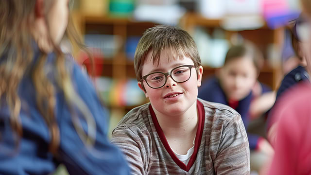  White teen with Down syndrome attending a time management workshop.