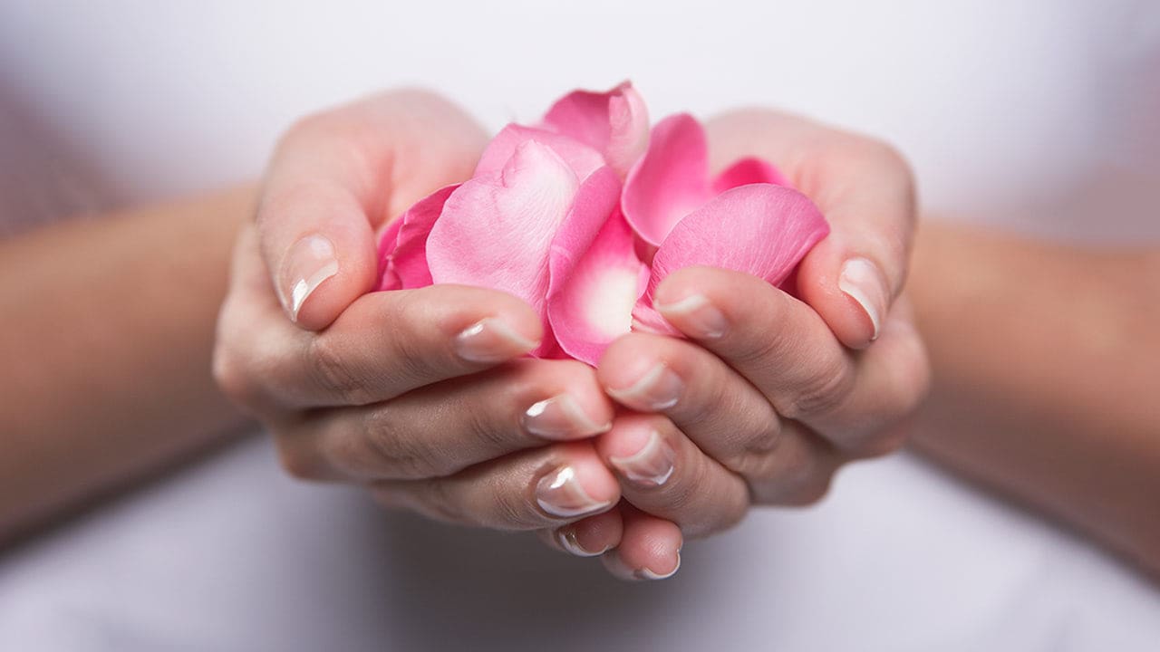 Woman holding a handful of feminine color flower petals.