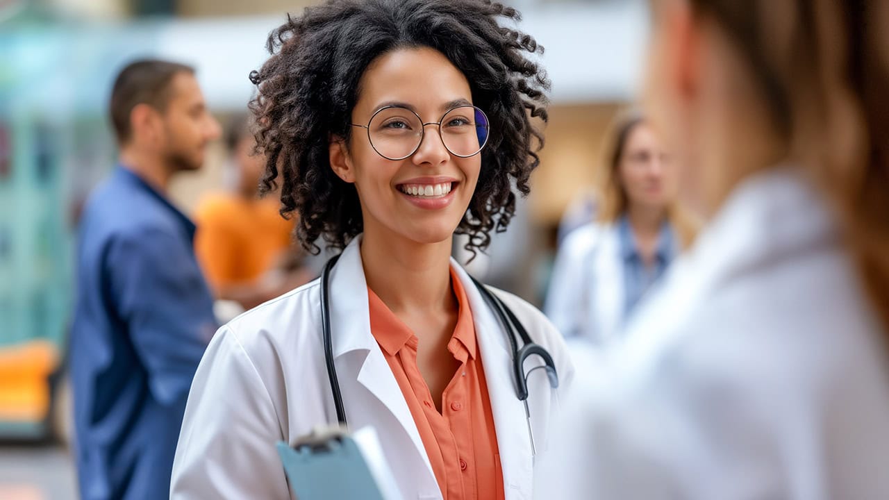 Young African American doctor mingling at health fair. Image produced by More Jersey.