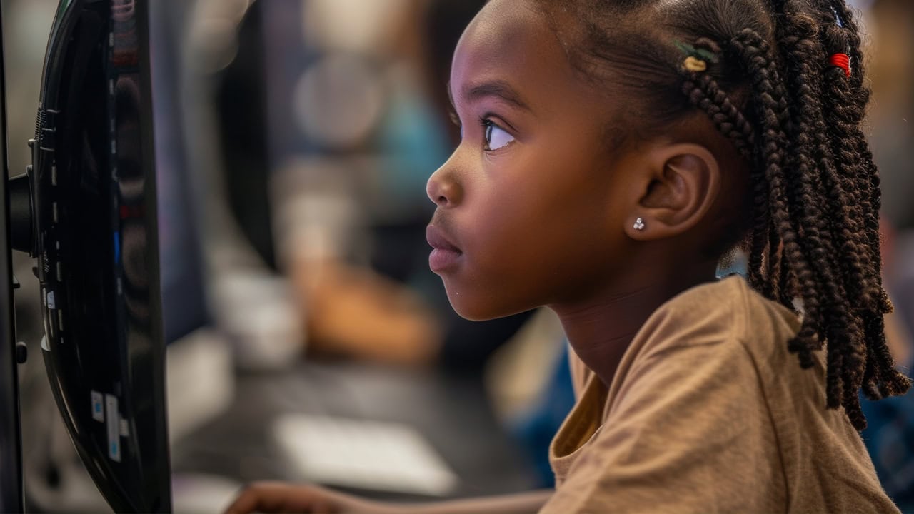 Young African American girl using a computer while attending a coding bootcamp. Image produced by More Jersey.