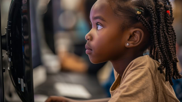 Young African American girl using a computer while attending a coding bootcamp.