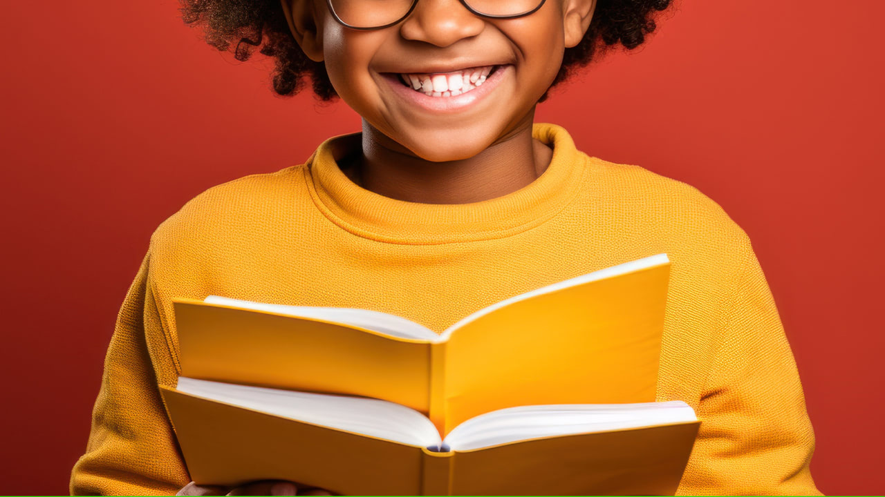 Young New Jersey African American student with curly hair cheerfully holding books.
