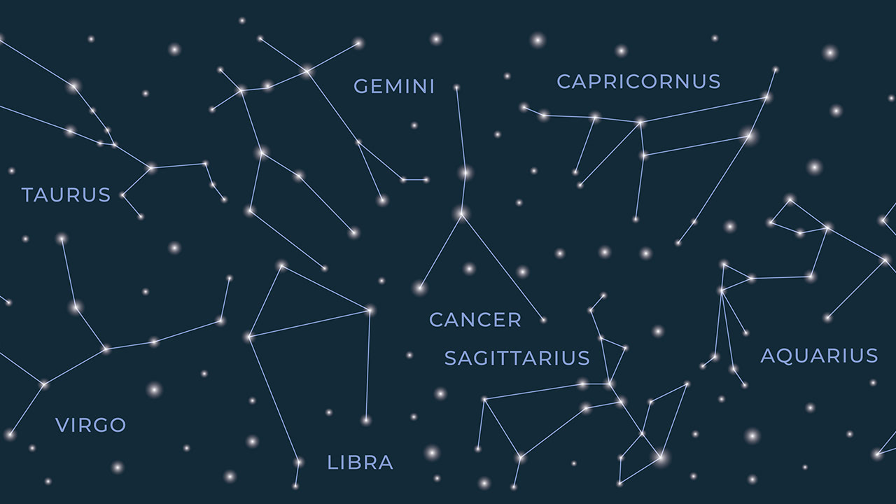 Zodiac constellations illustration on dark blue background.